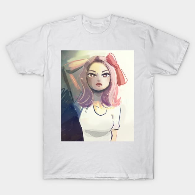 Pink Haired Woman Wearing a Bow T-Shirt by saradaboru